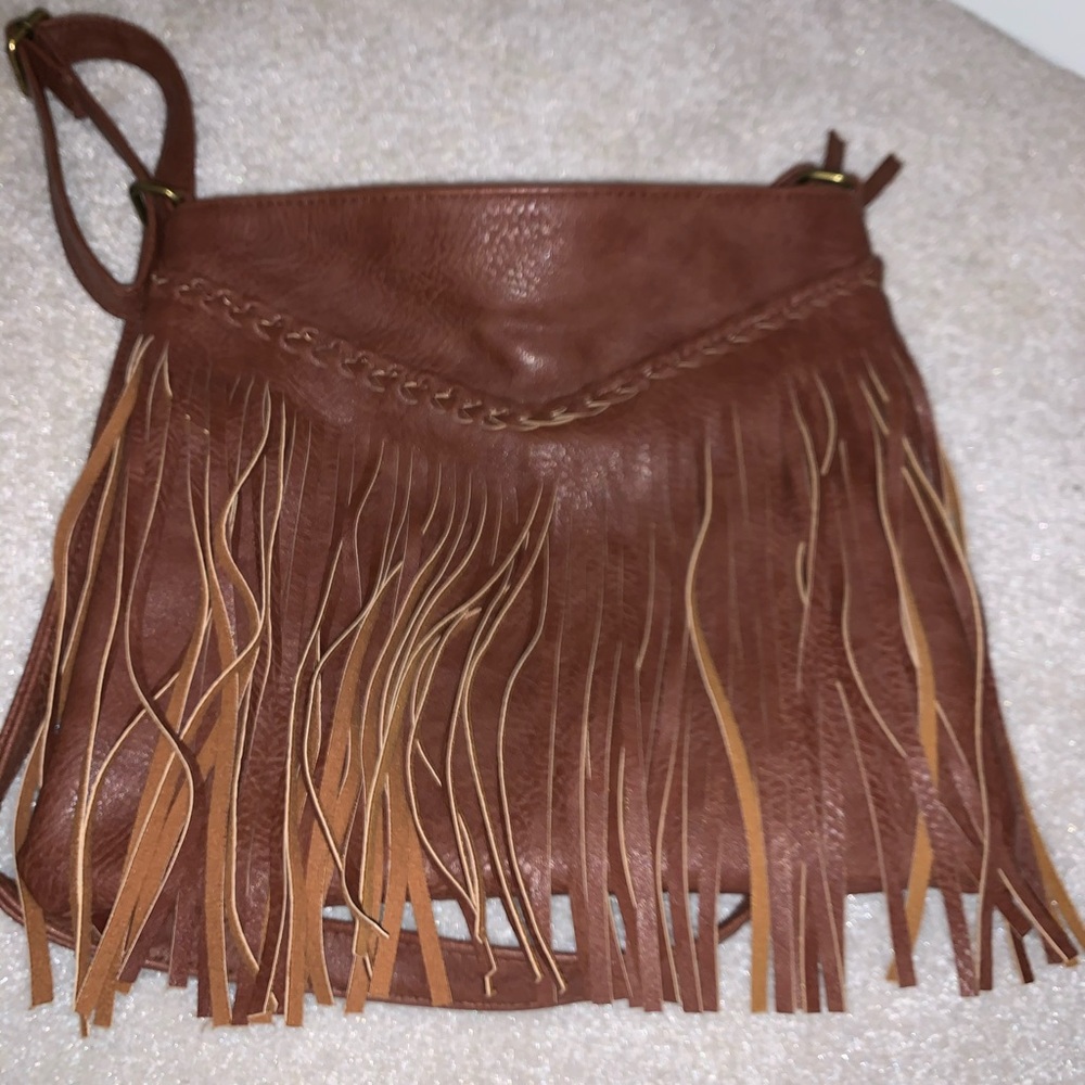 Faux Brown Leather Fringe Bag